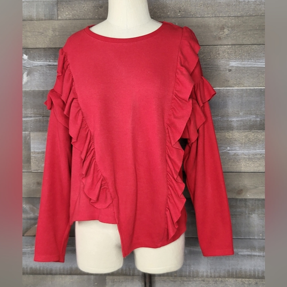 Bershka Ruffles Hi-Low Hem Long Sleeve Sweater